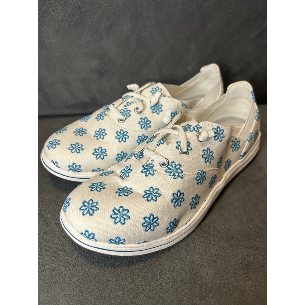 Clarks Breeze Ave Women's 11 Wide White Blue Floral Canvas Lace Up Shoes